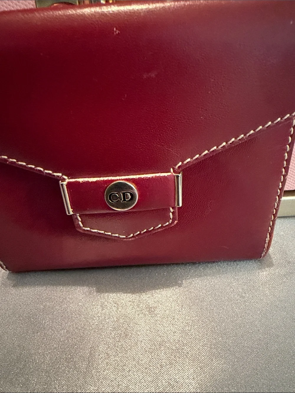 Christian Dior Red Leather Compact twist- lock Wallet with Gold-Tone Accents